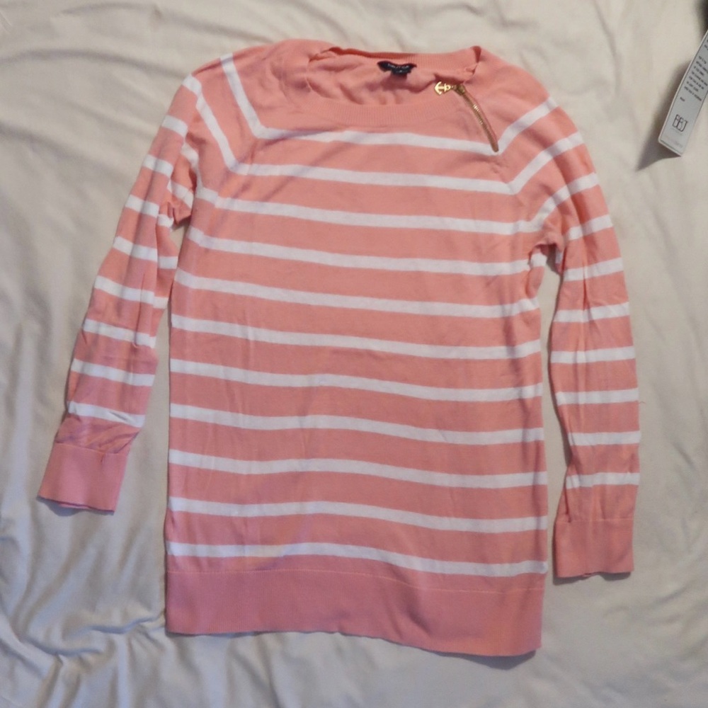 Nautica Coral and White Striped Sweater